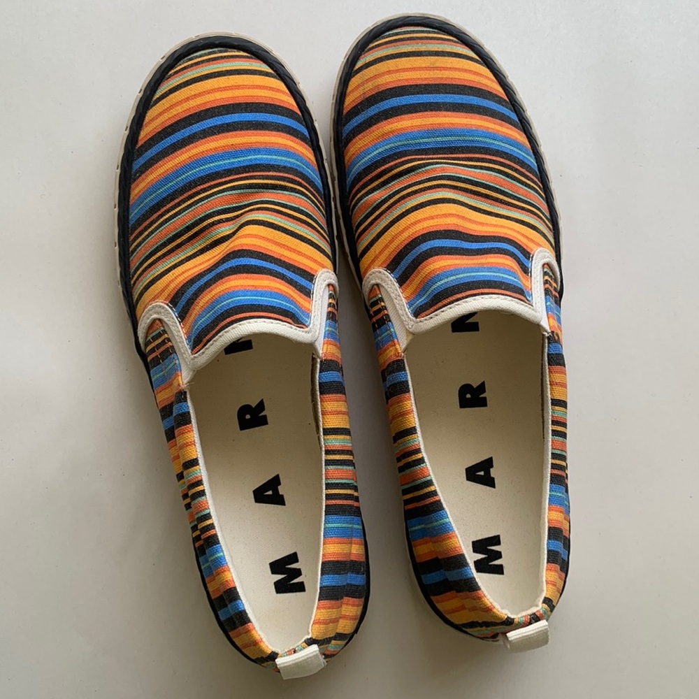 Marni Orange Multi Color Striped Slip On Canvas Sneaker Luxury Designer